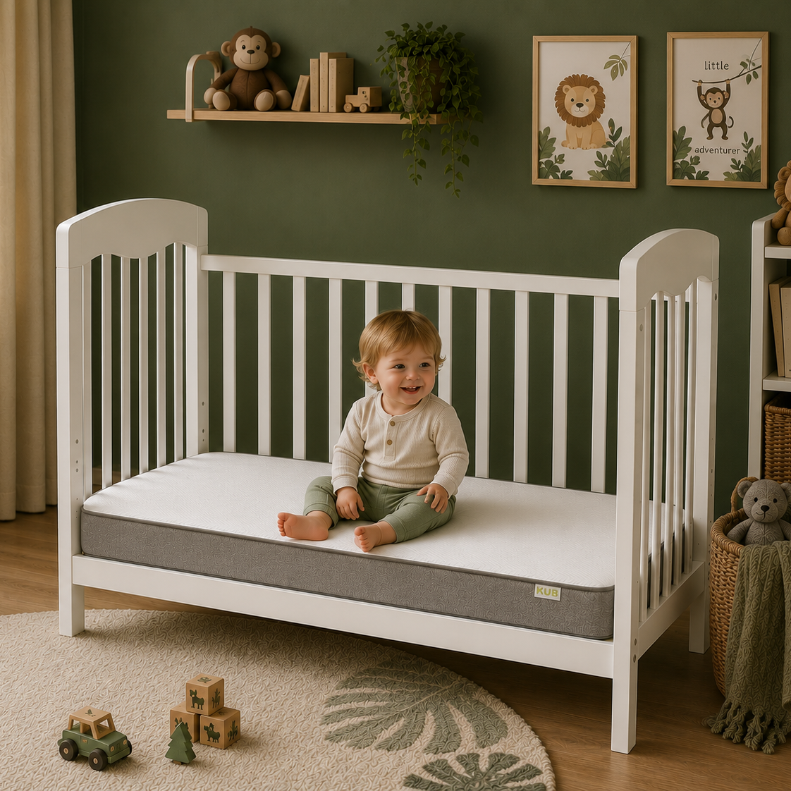 A toddler sits on a white wooden toddler bed with a mattress, set in a styled nursery with a dark green wall, toys, and a rug.