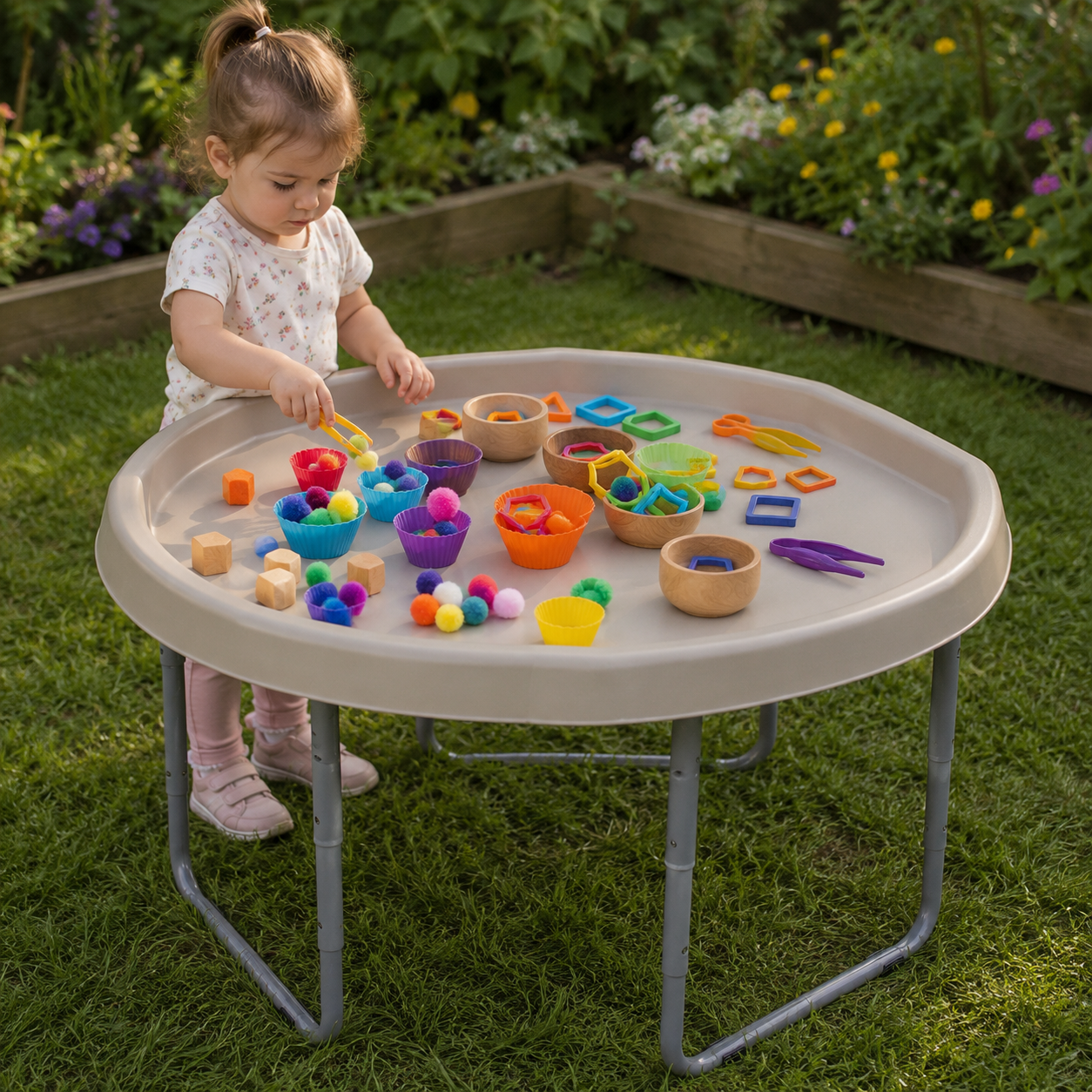 A young child stands behind a hexacle plastic activity tuff tray set outdoors on grass, playing with colorful toy shapes and small cups. The table has a sand taupe tuff tray top and gray metal legs, with many bright multicolor toys arranged on it.
