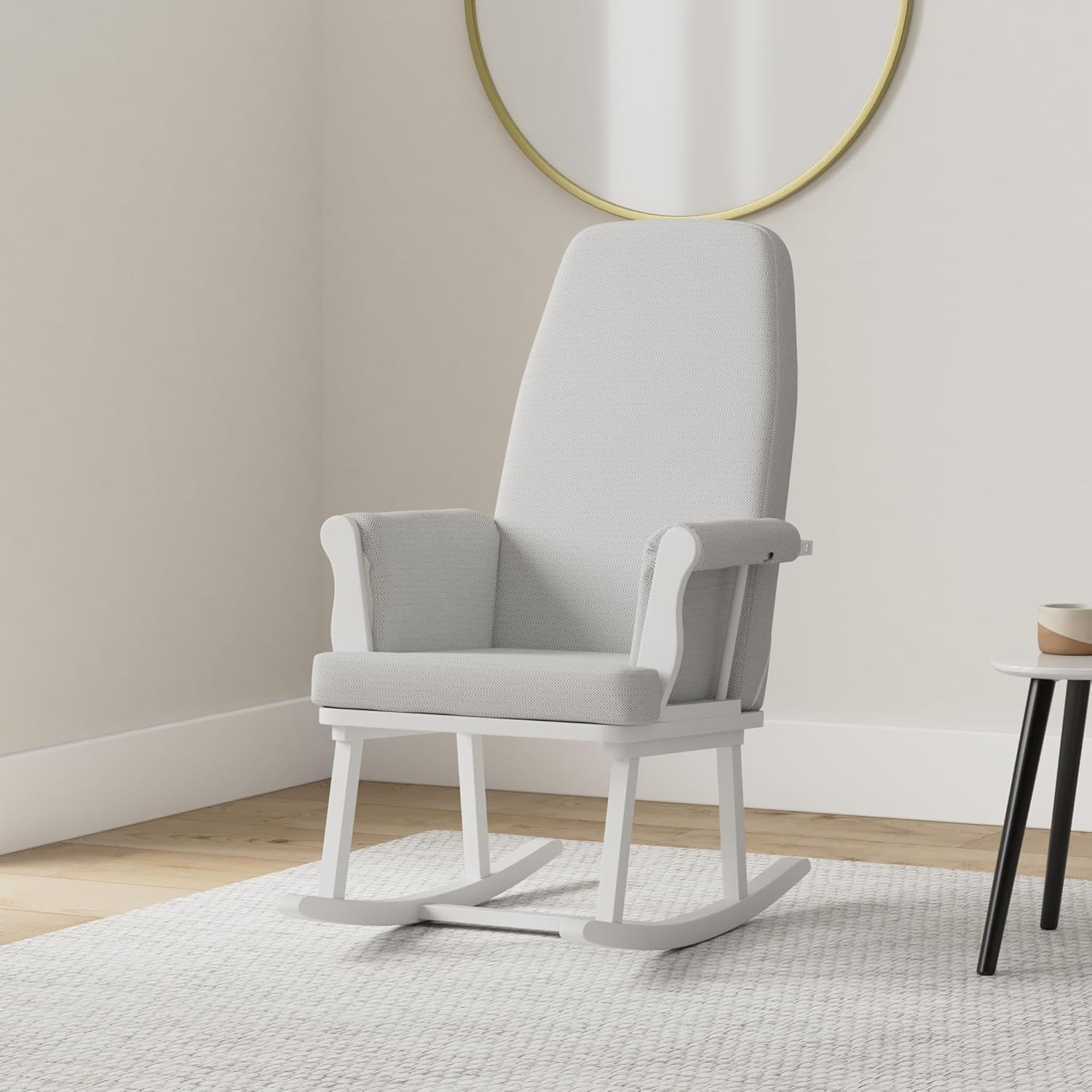 Haldon Nursing Rocker – White Wood & Grey Chevron|Kub Direct