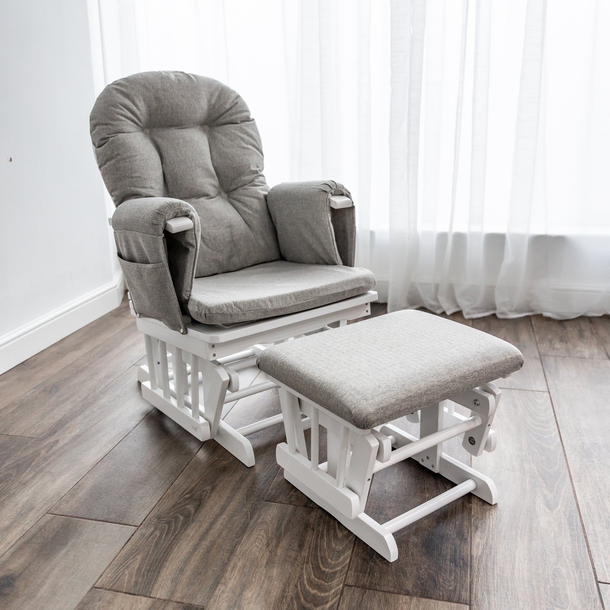 Haywood Reclining Nursing Chair and Footstool - White Wood and Grey Cushions