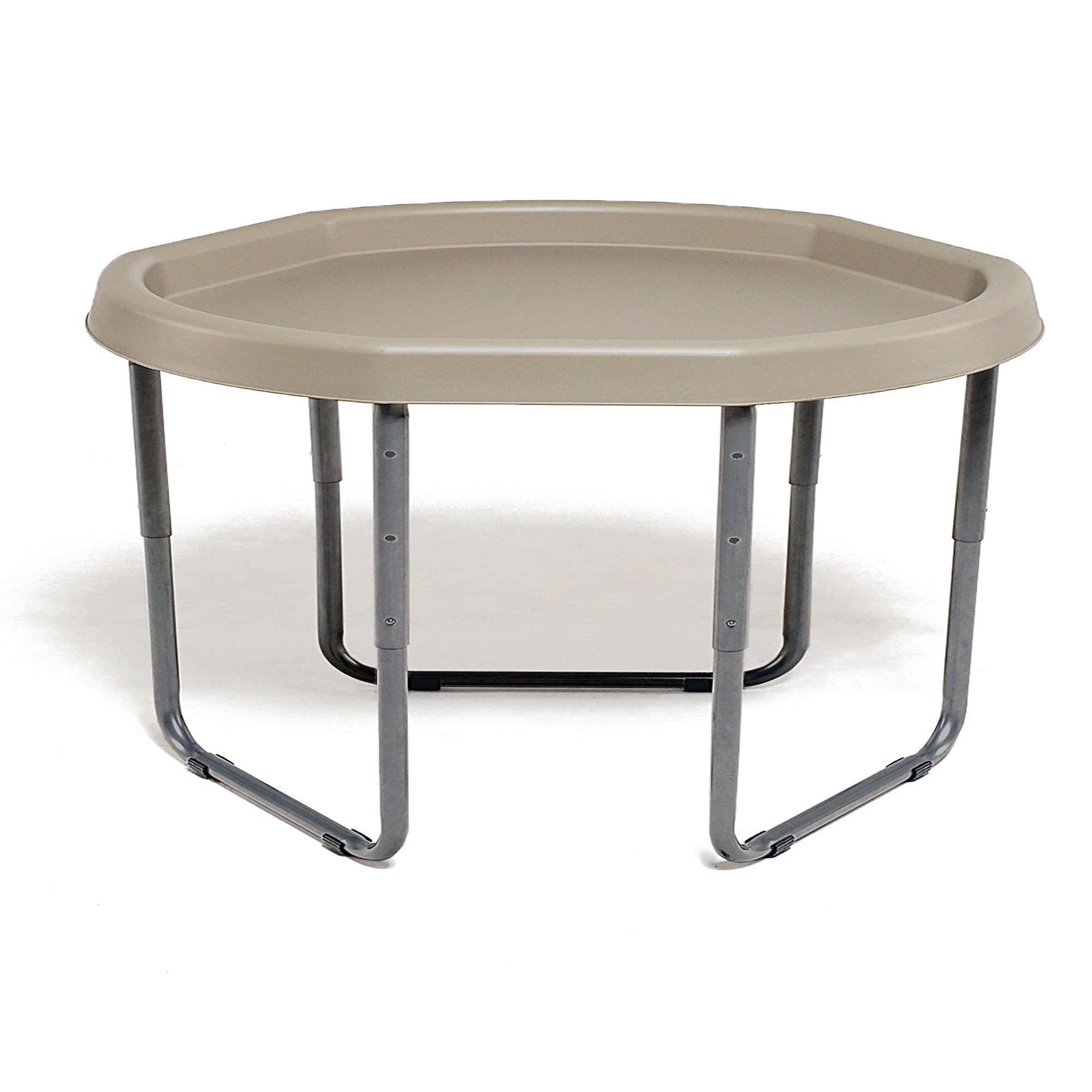 Hexagonal beige plastic table with metal legs on a white background