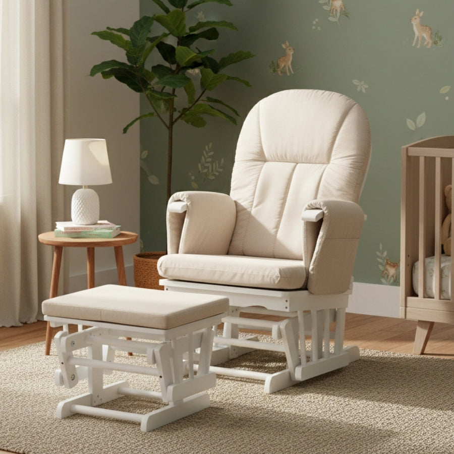 Mothercare nursing chair and matching footstool in a calm nursery