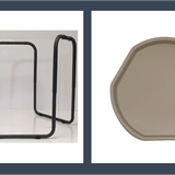 Matt grey metal Tuff Tray stand frame and sand hexagonal tuff tray on a white background