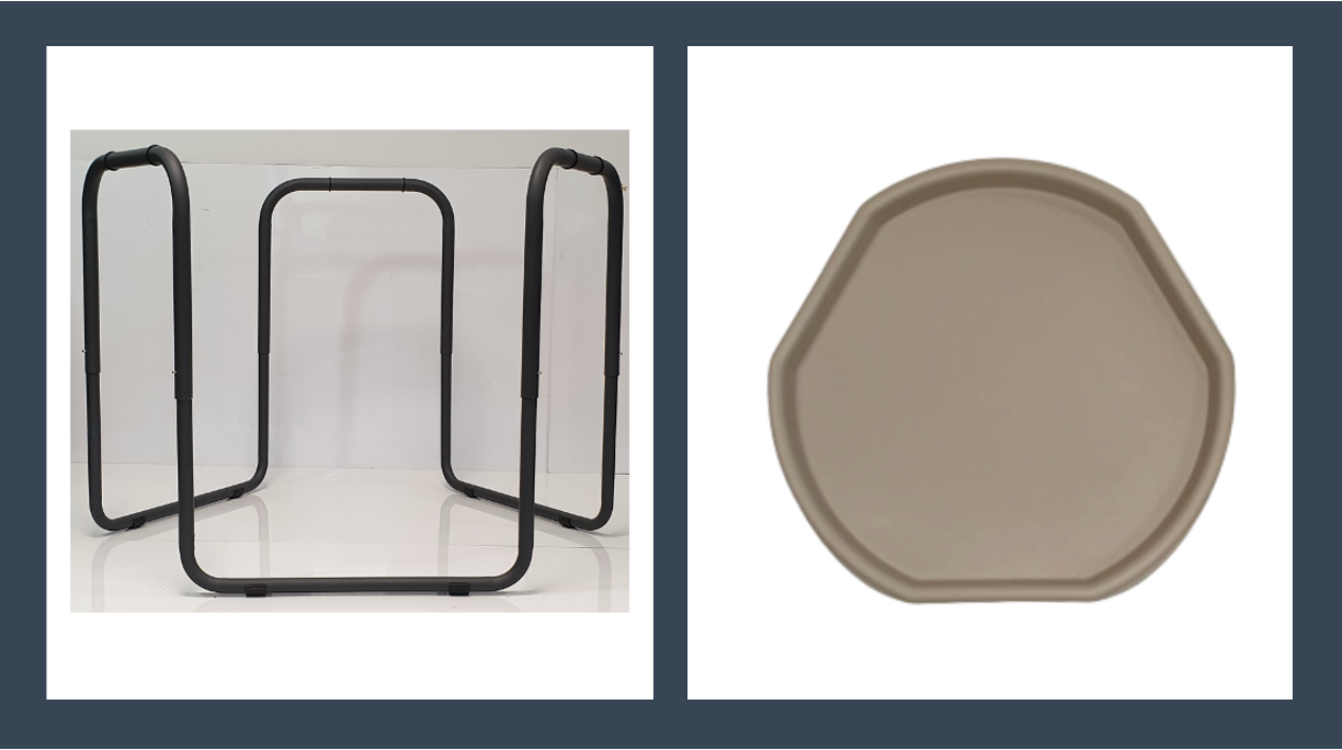Matt grey metal Tuff Tray stand frame and sand hexagonal tuff tray on a white background