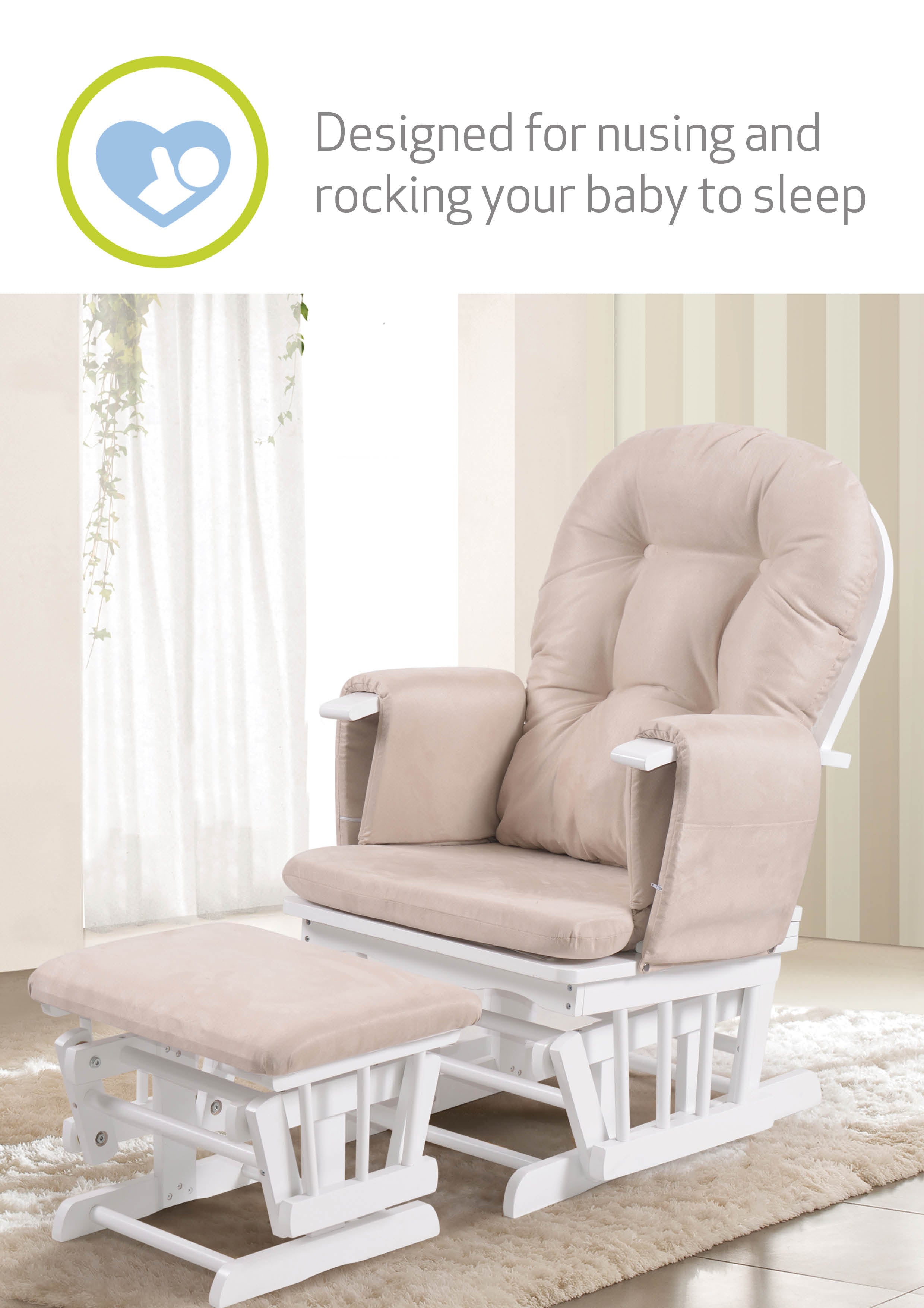 Haywood Reclining Nursing Chair and Footstool - White Wood and Dusky Pink Cushions