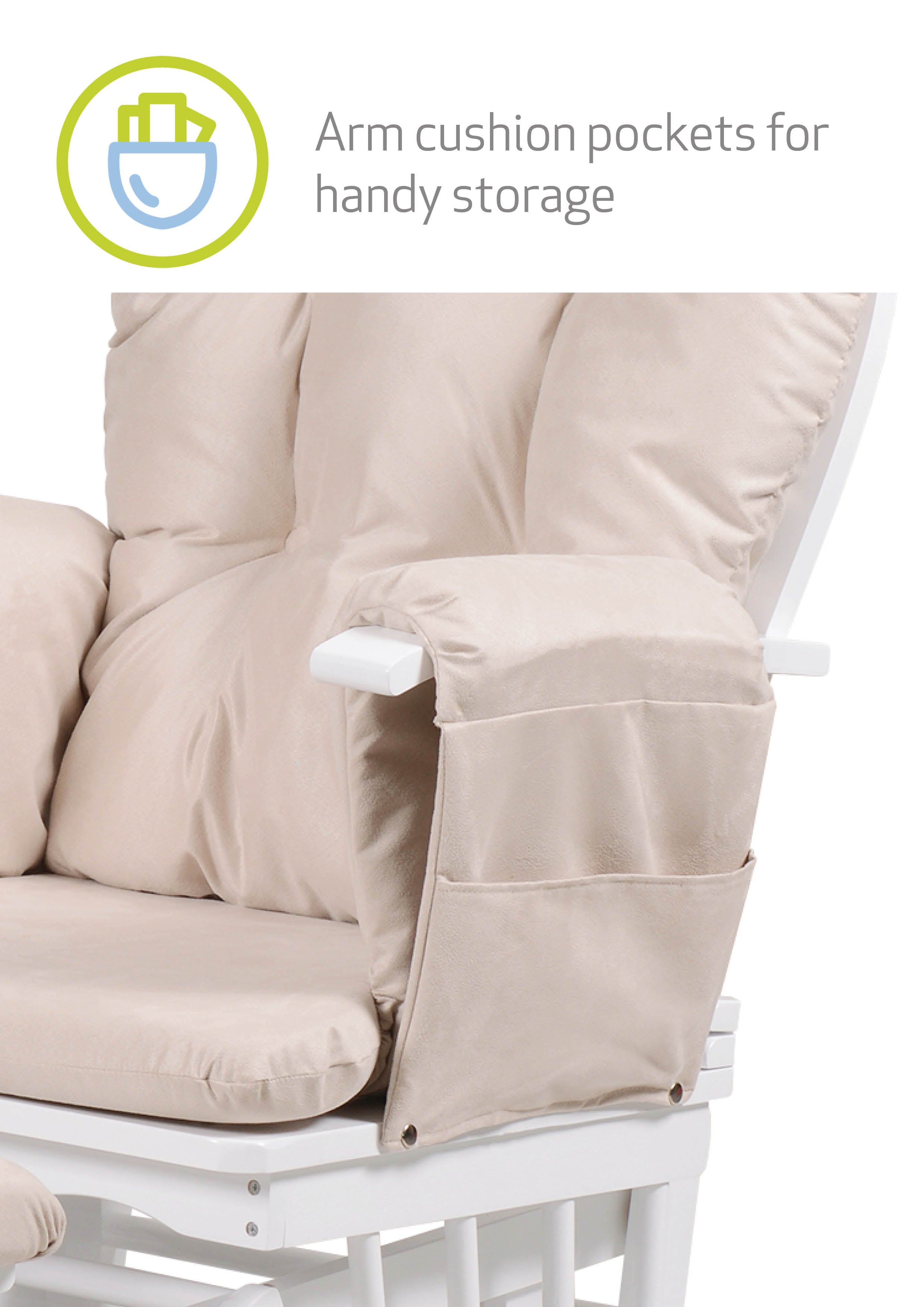 Arm cushions for handy storage - White and beige glider nurcing chair