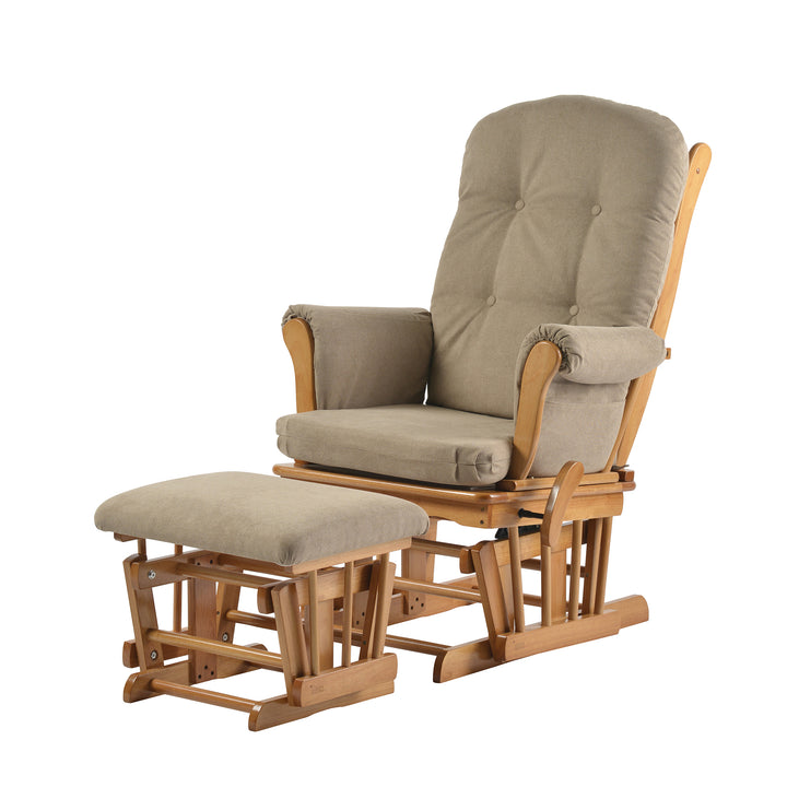 Kielder glider nursing chair and footstool in natural wood and warm grey
