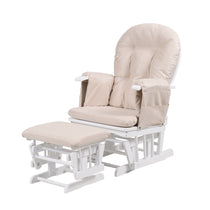 Haywood glider nursing chair side view - white wood and beige cushions